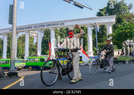 Mitglieder der Onthel Community fahren gemeinsam mit der Indonesischen Old Bike Community um die Stadt, um den Weltfahrradtag zu feiern Stockfoto