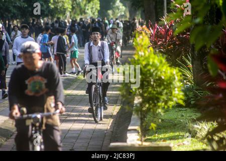 Mitglieder der Onthel Community fahren gemeinsam mit der Indonesischen Old Bike Community um die Stadt, um den Weltfahrradtag zu feiern Stockfoto