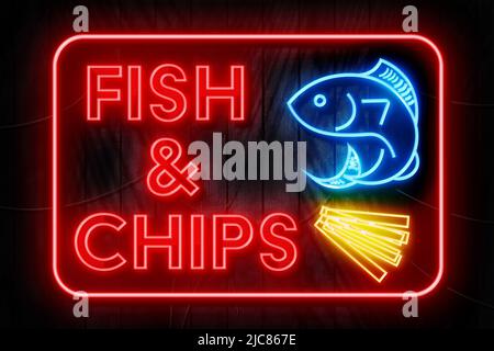 Fish & Chips Neon-Zeichen auf einer dunklen Holzwand Stockfoto