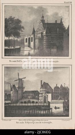 Im oberen Bild ist eine Zugbrücke über das Wasser, die Goudse Vest. Neben dem Tor im unteren Bild befindet sich eine Windmühle. Nummeriert oben rechts: Platte VII. Oude Delftse Poort te Rotterdam die alte Delftsche oder St. Joris Poort, von außen. Das alte Hoftor von außen, Druckerei: Carel Christiaan Antony Last, (auf Objekt erwähnt), Hendrik Altmann, (auf Objekt erwähnt), Verlag: Weduwe van der Meer & Verbruggen, (auf Objekt erwähnt), Rotterdam, 1818 - 1876, Papier, H 275 mm × B 195 mm, H 222 mm × B 125 mm Stockfoto