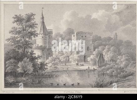 Das Schloss ist in einer Landschaft durch einen Teich versteckt. Davor zwei Kühe, ein Boot mit zwei Figuren und auf dem Wasser eine Gruppe Enten. Slot Duurstede , Druckerei: Anonymous, Johannes Franciscus Christ, (auf Objekt erwähnt), Drucker: Hilmar Johannes Backer, (auf Objekt erwähnt), Nijmegen, Drucker: Dordrecht, Herausgeber: Nijmegen, 1822 - 1845, Papier, H 115 mm × B 162 mm Stockfoto