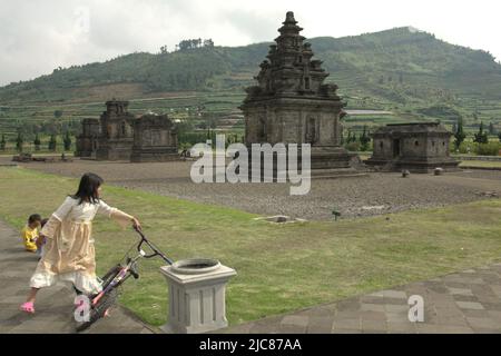 Kinder haben Freizeit im archäologischen Park des Arjuna-Tempels auf dem Dieng-Plateau, der sich administrativ in Dieng Kulon, Batur, Banjarnegara, Zentraljava, Indonesien befindet. Stockfoto