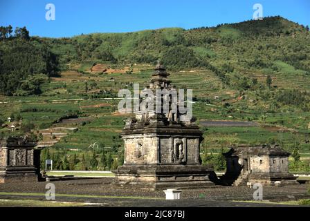 Arjuna Tempel archäologischen Park auf Dieng-Hochebene, die administrativ in Dieng Kulon, Batur, Banjarnegara, Zentral-Java, Indonesien befindet. Stockfoto