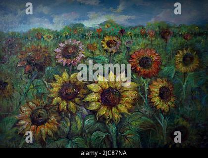 Kunst Malerei Zeichnung Fähigkeiten Hand gezeichnet Ölfarbe abstrakte Sonnenblumen aus Thailand , Botanik Stockfoto