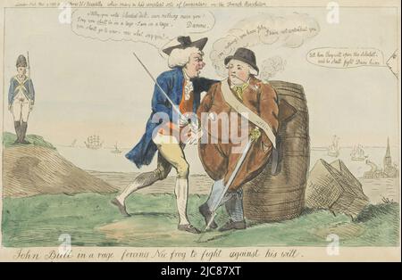 Karikatur, in der John Bull (England) wütend wird, weil der Niederländer zögert, die Waffen gegen Frankreich, 1793, anzugreifen. Der Niederländer lehnt sich entspannt an ein großes Fass und raucht eine Pfeife. Auf der rechten Seite der Kopf von William Pitt weist darauf hin, dass die Französisch öffnen die Schelde wieder, John Bull wütend über die Hollander Widerwillen zu kämpfen, 1793 John Bull in einer Wut zwingt Nic Frog, gegen seinen Willen zu kämpfen, Druckerei: Isaac Cruikshank, Herausgeber: Samuel W. Fores, (erwähnt auf Objekt), London, 9-Feb-1793, Papier, Ätzung, H 236 mm × B 361 mm Stockfoto