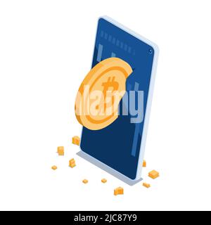 Flacher 3D Isometrischer Bitcoin stürzte auf dem Smartphone-Bildschirm ab. Cryptocurrency Market Crash-Konzept. Stock Vektor
