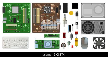 Satz von Personal Computer mit Ersatzteilen. Zubehör für PC-Laptops. Tastatur und Maus. Stromversorgung der Festplatte. Hauptplatine und Grafikkarte. Isoliert auf Weiß Stock Vektor