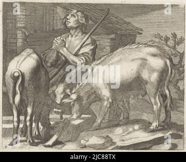 Verlorenen Sohn als Schweinehirt mit Schweinen bei Trog Pastorals , Boëtius Adamsz. Bolswert, Abraham Bloemaert, Druckerei: Anonym, 1611 - 1661, Papier, Gravur, H 114 mm × B 139 mm Stockfoto