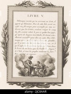 Dreizehnzeiliger französischer Text mit dem Titel „Livre V“ mit einer Abbildung unten der Göttin Athene mit einem König, der an einem Tisch sitzt und in einem Buch schreibt. Der Text wird von einem ornamentalen Rahmen mit Olivenzweigen und unten von einem Bogen umrahmt. Gerahmter französischer Text mit Olivenzweigen und Athene mit einem König, Druckerei: Jean-Baptiste Tilliard, Verleger: Pierre Didot, Verleger: Louis-François Barrois, Druckerei: Frankreich, Verleger: Paris, Verlag: Paris, Verlag: Paris, Verlag: Paris, Verlag: Paris, 1785, Papier, Radierung, Gravur, H 312 mm × B 250 mm Stockfoto