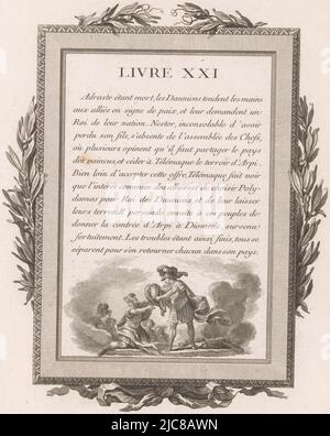 Dreizehnzeiliger französischer Text mit dem Titel „Livre XXI“ mit einer Abbildung unten, in der Telemachus einem knienden Mann vor ihm eine Urne überreichte. Das ganze wird von einem ornamentalen Rahmen mit Olivenzweigen und unten von einem Bogen umrahmt. Gerahmter französischer Text mit Olivenzweigen und Telemachus mit Urne, Druckerei: Jean-Baptiste Tilliard, Verleger: Pierre Didot, Verleger: Louis-François Barrois, Druckerei: Frankreich, Verleger: Paris, Verlag: Paris, Verlag: Paris, Verlag: Paris, Verlag: Paris, 1785, Papier, Radierung, Gravur, H 317 mm × B 244 mm Stockfoto