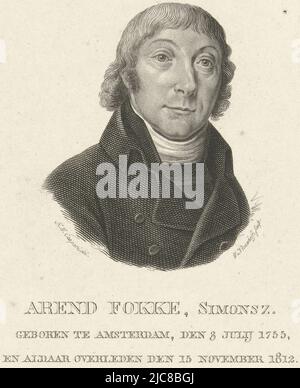 Büste des Verlegers, Sprechers und Schriftstellers Arend Fokke Simonsz. Rechts. Unten seine Geburts- und Sterbedaten und ein sechszeiliger Vers auf Niederländisch, Portrait of Arend Fokke Simonsz., Druckerei: Walraad Nieuwhoff, (erwähnt auf Objekt), Zeichner: Hendrik Willem Caspari, (erwähnt auf Objekt), Pieter Gerardus Witsen Geysbeek, (erwähnt auf Objekt), Amsterdam, 1812 - 1814, Papier, Gravur, Radierung, H 196 mm - B 125 mm Stockfoto