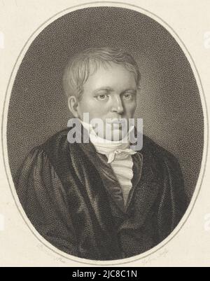Porträt des niederländischen Dichters und Professors Elias Annes Borger. Porträt von Elias Annes Borger, Druckerei: Philippus Velijn, (auf Objekt erwähnt), nach: Ezechiel Davidson, (auf Objekt erwähnt), 1797 - 1836, Papier, Radierung, Gravur, H 252 mm × B 168 mm Stockfoto