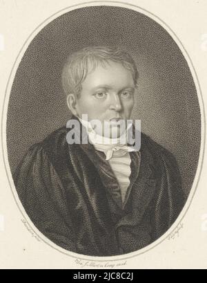 Porträt des niederländischen Dichters und Professors Elias Annes Borger. Porträt von Elias Annes Borger, Druckerei: Philippus Velijn, (auf Objekt erwähnt), nach: Ezechiel Davidson, (auf Objekt erwähnt), Verlag: Weduwe Johannes Allart, (auf Objekt erwähnt), Niederlande, 1797 - 1836, Papier, Radierung, Gravur, H 252 mm × B 168 mm Stockfoto