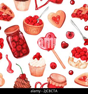 Kirschbonbons Nahtloses Muster. Aquarelldarstellung. Isoliert auf weißem Hintergrund. Für Ihre Designstoffe, Verpackungspapier, Kochbücher, Schürzen Stockfoto