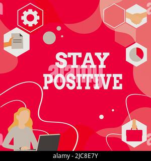 Inspiration zeigt Zeichen positiv bleiben. Konzept bedeutet, sich in erhebenden Gedanken zu engagieren Sinnen Sie optimistisch und echte Frau innovatives Denken Ideen leiten Stockfoto