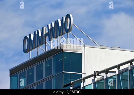 Genf Schweiz - 30. Mai 2022 : Schild und Logo auf dem WMO-Gebäude. Die WMO ist die Weltorganisation für Meteorologie Stockfoto