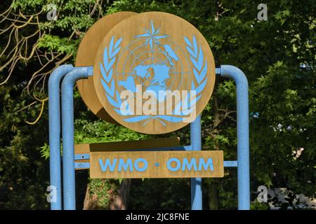 Genf Schweiz - 30. Mai 2022 : Schild und Logo auf dem WMO-Gebäude. Die WMO ist die Weltorganisation für Meteorologie Stockfoto