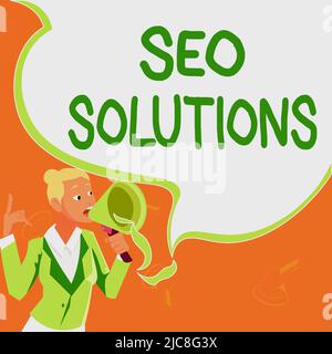 Textunterschrift mit Seo Solutions. Wort geschrieben auf Search Engine Result Page Besucherzahlen erhöhen durch Rankings weibliche Führerin hält ein Megaphon Stockfoto