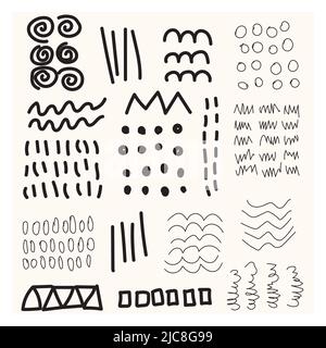 Satz von handgezeichneten abstrakten Doodle-Elementen. Für die Konzepterstellung verwenden. Isoliert auf weißem Hintergrund. Vektorgrafik Stockfoto