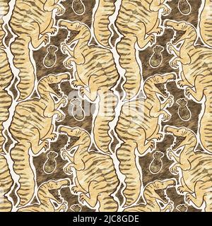 Braunes, handgezeichnetes Spinosaurus-Dinosaurier-Nahtloses Muster. Gender Neutral Jurassic fossile Silhouette für Baby-Nursery. Home Dekor für Museum, Aussterben Stockfoto