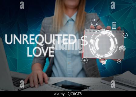 Textunterschrift mit unerfüllter Liebe. Geschäftsidee nicht offen erwidert oder als solche von geliebter Lady in Suit mit Notizblock verstanden Stockfoto