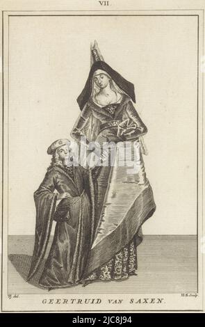 Porträt von Dirk V., Graf von Holland und seiner Mutter und Regentin Geertruida von Sachsen. Oben Mitte: VII. Porträt von Dirk V., Graf von Holland und Geertruida von Sachsen, Druckerei: Hendrik Spilman, (auf Objekt erwähnt), Zeichner: Tako Hajo Jelgersma, (auf Objekt erwähnt), nach: Anonymous, Haarlem, 1745, Papier, Radierung, H 192 mm × B 135 mm Stockfoto