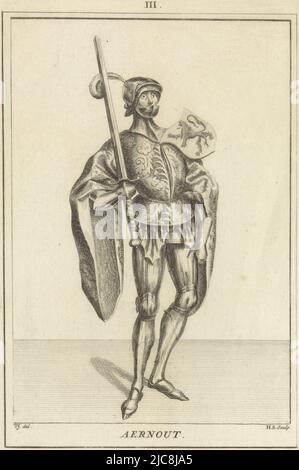Porträt von Arnulf, Graf von Holland, rechts stehend in Rüstung und Mantel. Auf seiner Schulter das Wappen Hollands und in seiner Hand ein Schwert. Oben Mitte: III Porträt von Arnulf, Graf von Holland, Druckerei: Hendrik Spilman, (auf Objekt erwähnt), Zeichner: Tako Hajo Jelgersma, (auf Objekt erwähnt), nach: Anonymous, Haarlem, 1745, Papier, Radierung, H 192 mm × B 135 mm Stockfoto
