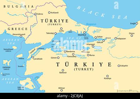 Bosporus und Dardanelles, politische Karte. Die türkische Straße, international bedeutende und enge Wasserstraßen und Passagen in der Türkei. Stockfoto