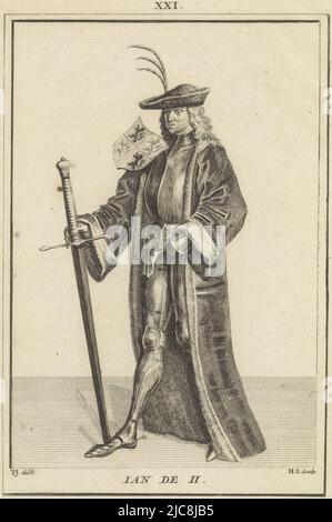 Porträt von Johannes II., Graf von Holland, links stehend in Rüstung und Mantel. Auf seiner Schulter die Arme von Holland und Hennegau und in seiner Hand ein Schwert. Oberhalb der Mitte: XXI. Porträt von Johannes II., Graf von Holland, Druckerei: Hendrik Spilman, (auf Objekt erwähnt), Zeichner: Tako Hajo Jelgersma, (auf Objekt erwähnt), nach: Anonymous, Haarlem, 1745, Papier, Radierung, H 192 mm × B 135 mm Stockfoto