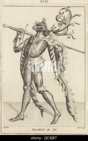 Porträt von Floris IV., Graf von Holland, links in Rüstung stehend. Auf seiner Schulter das Wappen Hollands und in seiner Hand ein Schwert. Oben Mitte: XVII. Porträt Floris IV., Graf von Holland, Druckerei: Hendrik Spilman, (auf Objekt erwähnt), Zeichner: Tako Hajo Jelgersma, (auf Objekt erwähnt), nach: Anonymous, Haarlem, 1745, Papier, Radierung, H 192 mm × B 135 mm Stockfoto