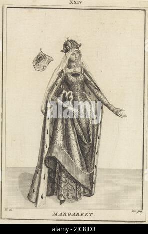 Porträt der Margarete von Bayern, Gräfin von Holland und Zeeland. Oben Mitte: XXIV. Porträt der Margarete von Bayern, Druckerei: Hendrik Spilman, (auf Objekt erwähnt), Zeichner: Tako Hajo Jelgersma, (auf Objekt erwähnt), nach: Anonymous, Haarlem, 1745, Papier, Radierung, H 192 mm × B 135 mm Stockfoto