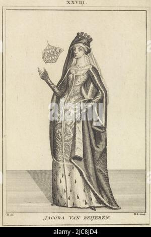 Porträt von Jacoba von Bayern, Gräfin von Holland, Seeland und Hennegau, links stehend. Neben ihr ein Wappen. Oben Mitte: XXVIII, Porträt von Jacoba van Beieren, Gräfin von Holland, Seeland und Hennegau, Druckerei: Hendrik Spilman, (auf Objekt erwähnt), Zeichner: Tako Hajo Jelgersma, (auf Objekt erwähnt), nach: Anonymous, Haarlem, 1745, Papier, Radierung, H 192 mm × B 135 mm Stockfoto