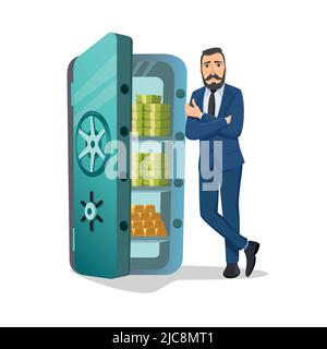 Geschäftsmann, der in der Nähe des Safes voller Geld und Gold steht. Stock Vektor