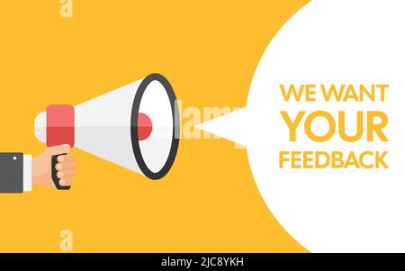 Wir möchten, dass Ihr Feedback-Bannersymbol in flacher Form angezeigt wird. Werbeträger-Illustration auf isoliertem Hintergrund. Hand mit Megaphon Zeichen Geschäft Stock Vektor