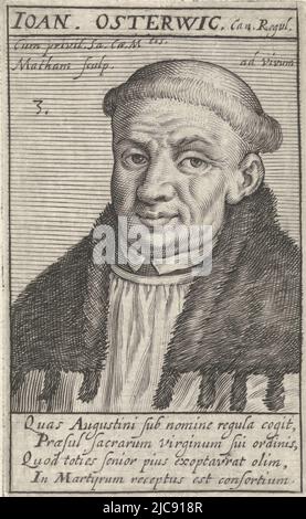 Porträt des heiligen Jan van Osterwijk, eines der neunzehn katholischen Märtyrer von Gorinchem, Porträt von H. Jan van Osterwijk Märtyrer von Gorcum, Druckerei: Jacob Matham, (auf Objekt erwähnt), Matthias van Oostenrijk (Rooms-Duits keizer), (auf Objekt erwähnt), Haarlem, 1617 - 1618, Papier, Gravur, H 97 mm × B 59 mm Stockfoto