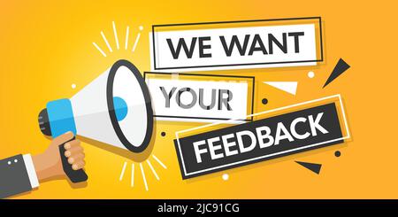 Wir möchten, dass Ihr Feedback-Bannersymbol in flacher Form angezeigt wird. Werbeträger-Illustration auf isoliertem Hintergrund. Hand mit Megaphon Zeichen Geschäft Stock Vektor
