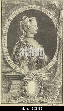 Anna-Porträt im Oval mit Bordüre. Porträt der Anna von Hannover, Druckerei: Edward Rooker, (auf Objekt erwähnt), England, 1734 - 1774, Papier, Gravur, Radierung, H 169 mm × B 107 mm Stockfoto