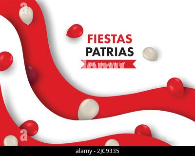 28.. Juli, Fiestas Patrias Konzept mit realistischen Ballons auf Red und White Paper Wellen Hintergrund. Stock Vektor