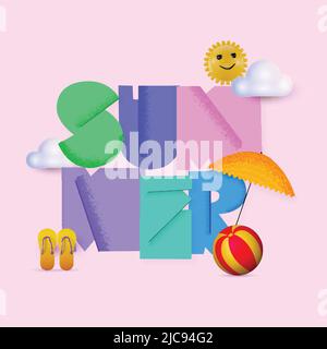 Farbenfrohe Sommerschrift mit 3D Smiley Sun, Beach Ball, Pantoffeln, Regenschirm und Wolken auf rosa Hintergrund. Stock Vektor