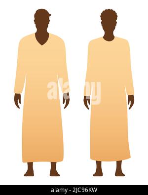 Mann und Frau in einer traditionellen muslimischen Thawb ethnischen Kleidung, isoliert auf einem weißen Hintergrund stehend. Arabische Dishdahsa, Kandourah, Jubbah Kleidung Vektor Illustration. Stock Vektor