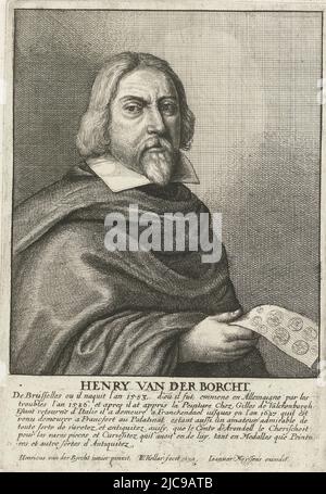 Porträt des flämischen Künstlers Hendrik van der Borcht d.Ä., Porträt Hendrik van der Borcht d.Ä. Künstlerporträts Image de divers hommes desprit sublime , Druckerei: Wenceslaus Hollar, (auf Objekt erwähnt), nach: Hendrik van der Borcht (I), (auf Objekt erwähnt), Verlag: Joannes Meyssens, (erwähnt auf Objekt), Antwerpen, 1650 und/oder 1650 - 1670, Papier, Radierung, H 168 mm × B 117 mm Stockfoto