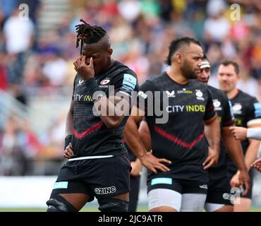 London, Großbritannien, 11.. Juni 2022. Maro Itoje von Saracens schaut während des Spiels der Gallagher Premiership im StoneX Stadium, London, auf. Bildnachweis sollte lauten: David Klein / Sportimage Stockfoto