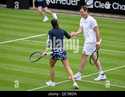 LONDON, GROSSBRITANNIEN. Juni 11, 2022. Greg Russedski (GBR) und Sorana Cirstea (ROU) gegen Marcos Baghdatis (CYP) und Petra Kvitova (ZCE) spielten am Samstag, den 11. Juni 2022, im Edgbaston Priory Club während des Rothesay Classic Birmingham 2022 im Ausstellungsspiel, um sein 40.-jähriges Bestehen zu feiern. Kredit: Taka G Wu/Alamy Live Nachrichten Stockfoto