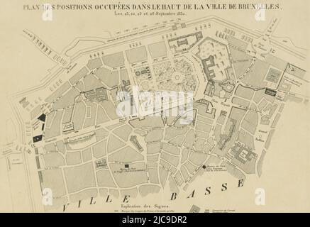 Karte von Brüssel mit den Stellungen der niederländischen Truppen und der rebellierenden Belgier vom 23. Bis 26. September 1830. Auch die durch Feuer zerstörten Gebäude. Unten die Legende, Karte von Brüssel, 1830 Plan des Positions ockup, Druckerei: Anonymous, Belgien, 1830 - 1831, Papier, H 347 mm × B 494 mm Stockfoto