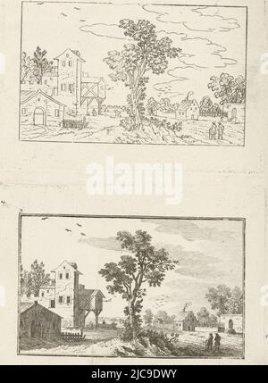 Zwei identische Landschaften übereinander mit Häusern links und rechts. In der Mitte ist ein Baum, rechts gehen zwei Figuren entlang der Straße. Die obere Landschaft betrifft einen noch auszuarbeitenden Druck, die untere Landschaft ist fertig gestellt. Gedruckt aus zwei Platten, der untere Druck ist links oben mit 3 nummeriert, zwei Landschaftslandschaften, Druckerei: Christian Friedrich Fritzsch, 1729 - 1774, Papier, Radierung, H 104 mm × B 140 mm × H 108 mm × B 141 mm Stockfoto