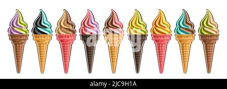 Vector Ice Cream Set, Lot-Sammlung von 9 ausgeschnittenen verschiedenen Abbildungen von realistisch erfrischenden Eis, horizontales Banner mit kaltem amerikanischem Eis Stock Vektor