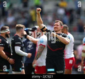 London, Großbritannien, 11.. Juni 2022. Alex Goode von Saracens feiert während des Spiels der Gallagher Premiership im StoneX Stadium, London. Bildnachweis sollte lauten: David Klein / Sportimage Stockfoto