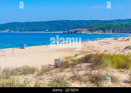 Sanddünen am Strand von Arkutino, an der bulgarischen Schwarzmeerküste, am Strand von Arkutino in der Nähe des Naturschutzgebietes Ropotamo Stockfoto