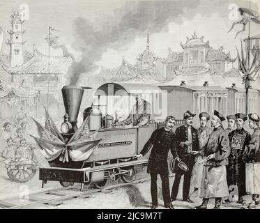 ENG TRANSLATION : ' DIE ERSTE FRANZÖSISCHE EISENBAHN IN CHINA: EINWEIHUNG DER STRECKE VON TIEN-TSIN NACH TSCHING-YANG, 20. NOVEMBER 1886 ' - ORIGINAL IN FRANZÖSISCH : ' LE PREMIER CHEMIN DE FER FRANÇAIS EN CHINE : INAUGURATION DE LA LIGNE DE TIEN-TSIN A TSCHING-YANG, LE 20 NOVEMBRE 1886 ' - Auszug aus ' L'Illustration, Journal Universel ' Vintage French Illustrated newspaper 1887 Stockfoto