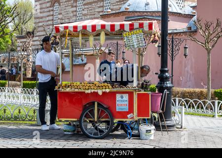 Ein Straßenhändler, der Snacks am Sultanahmet Square, Istanbul, Türkiye verkauft. Stockfoto